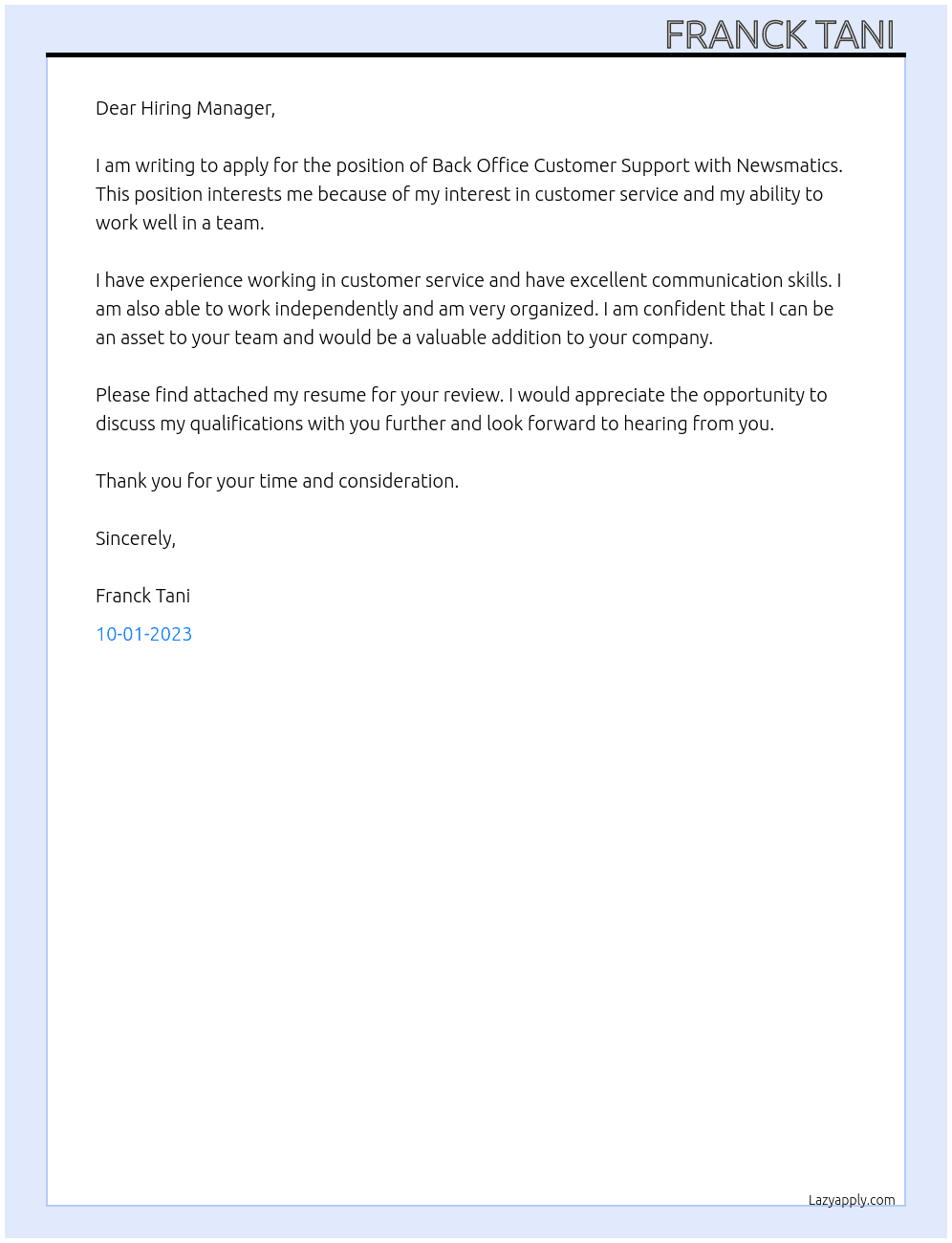 Back Office Customer Support  At Newsmatics Cover Letter