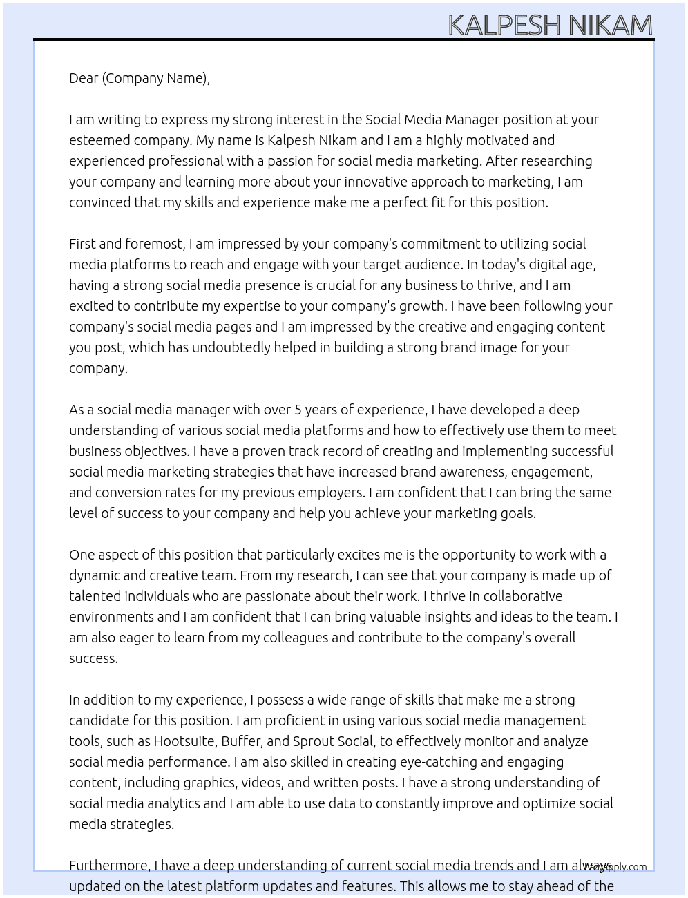 Social Media manager At Dear Cover Letter