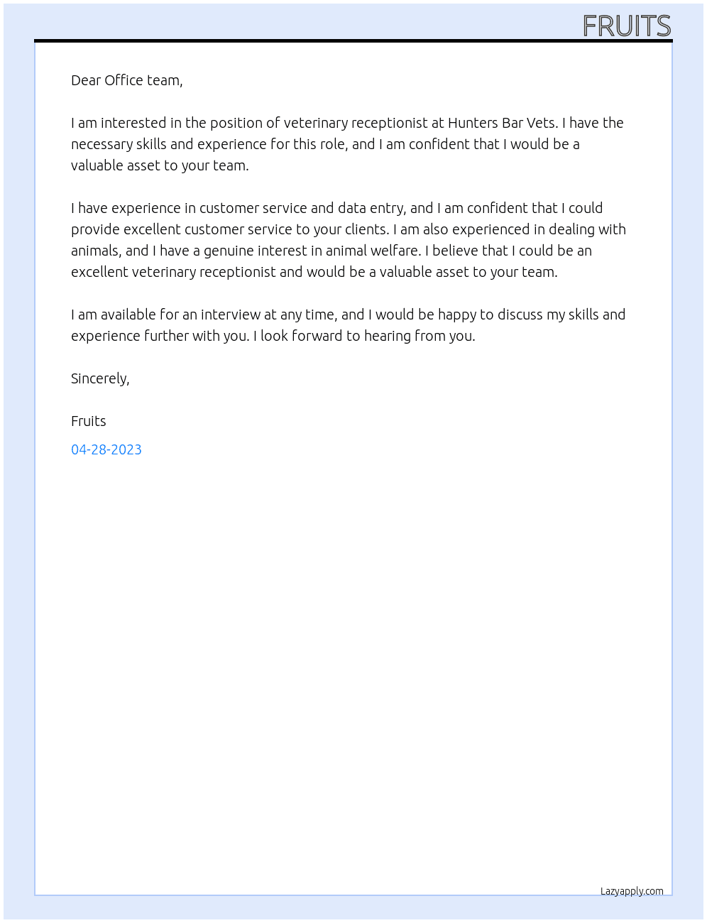 Veterinary receptionist  At Hunters Bar Vets Cover Letter
