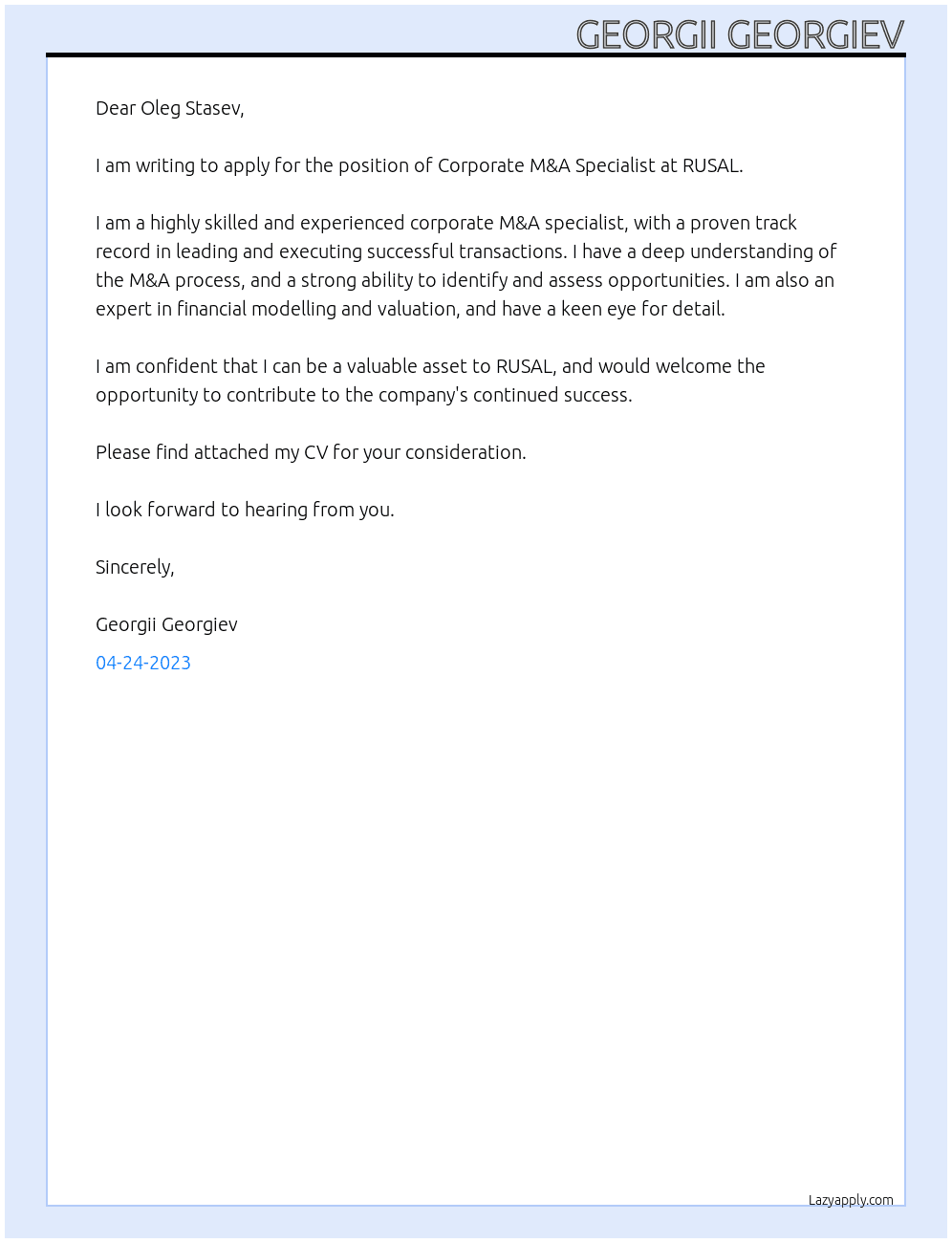 Corporate M&A Specialist At RUSAL Cover Letter