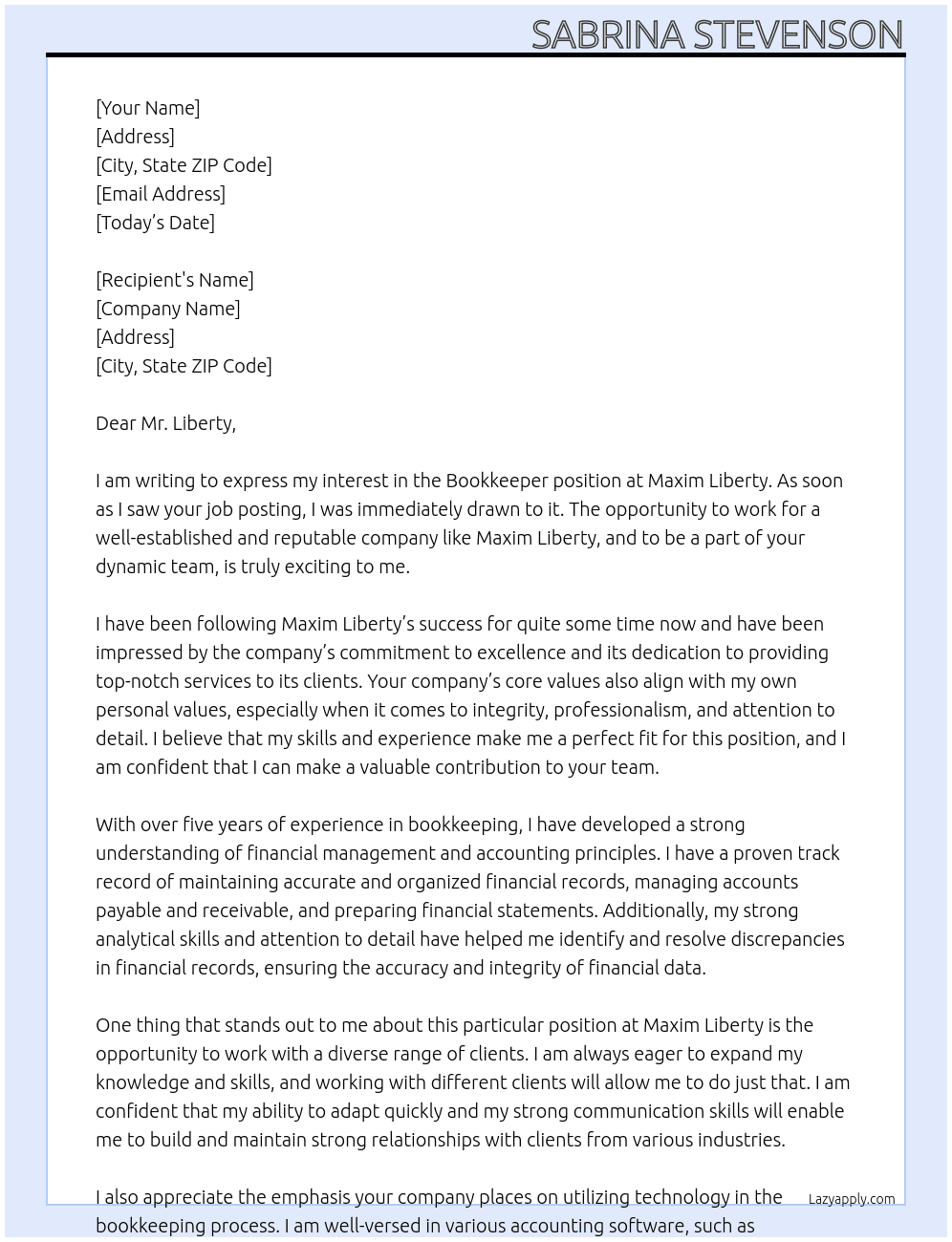 Bookkeeper At Maxim Liberty Cover Letter