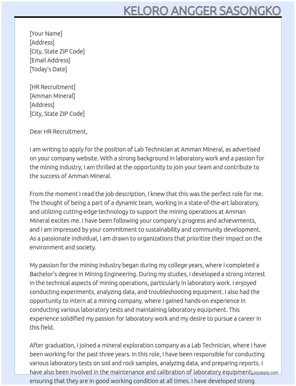 Lab Technician At Amman Mineral Cover Letter