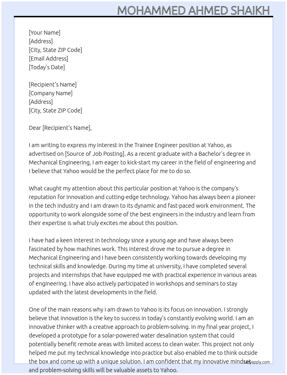 Trainee engineer  At Yahoo Cover Letter