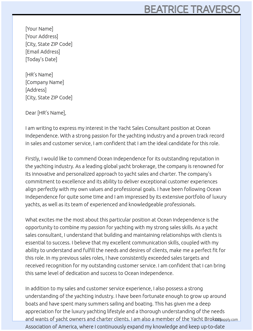 Yacht sales consultant At Ocean Indipendence Cover Letter
