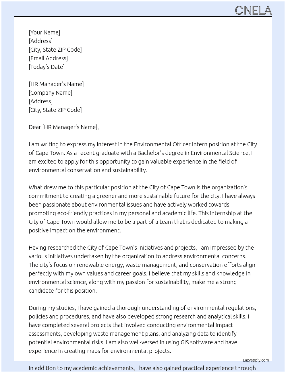 Enviromental officer intern At city of cape town Cover Letter