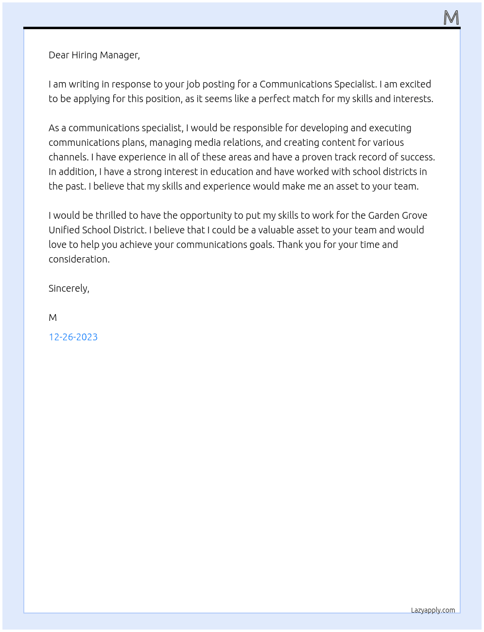 Communications Specialist  At Garden Grove Unified School District' Cover Letter