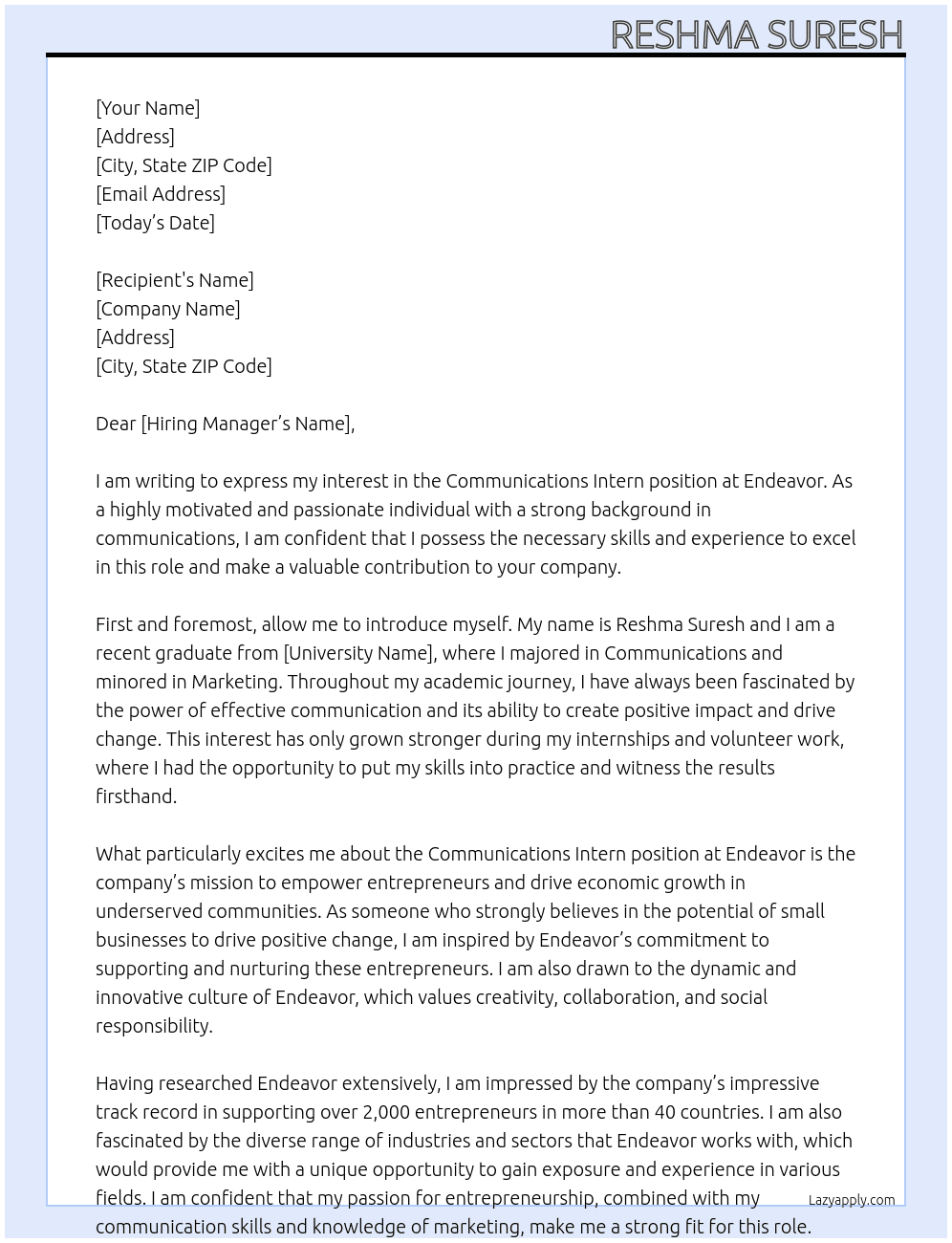 communications intern At Endeavor Cover Letter