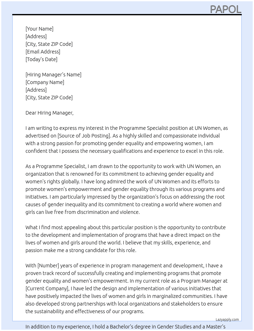 Programme Specialist At UN Women Cover Letter
