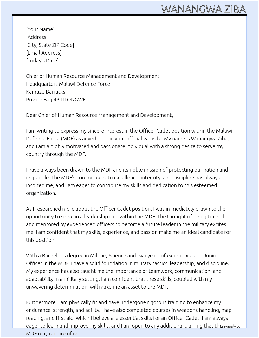 Officer Cadet At Malawi Defence Force (MDF) Cover Letter