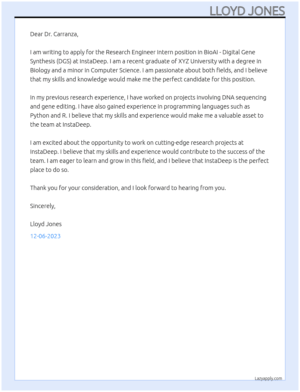 Research Engineer Intern position in BioAI - Digital Gene Synthesis (DGS)  At InstaDeep Cover Letter
