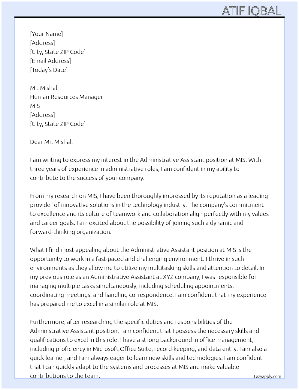 Administrative Assistant  At MIS Cover Letter