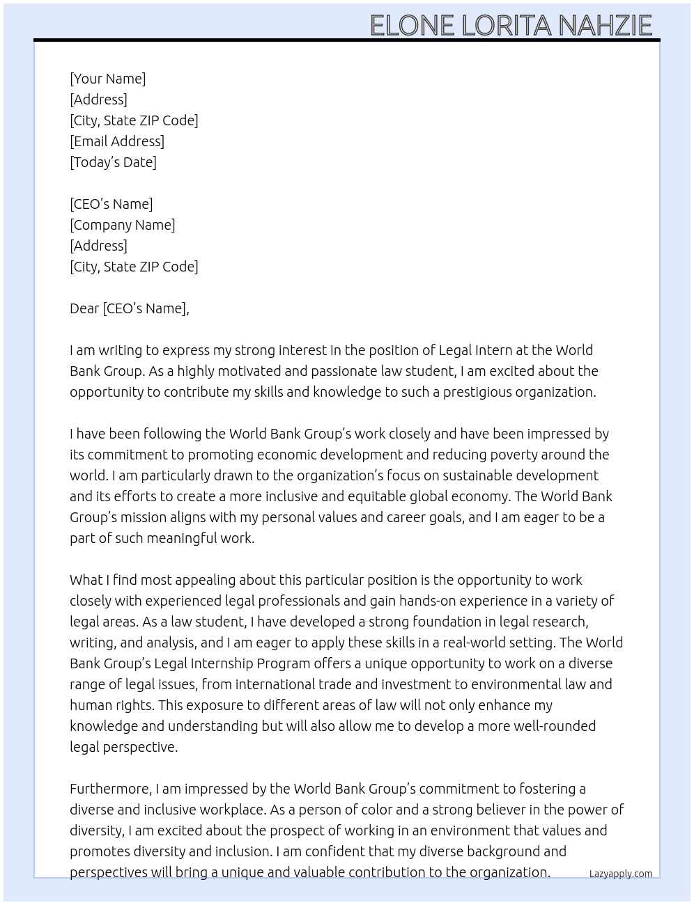 Legal intern At World Bank group  Cover Letter