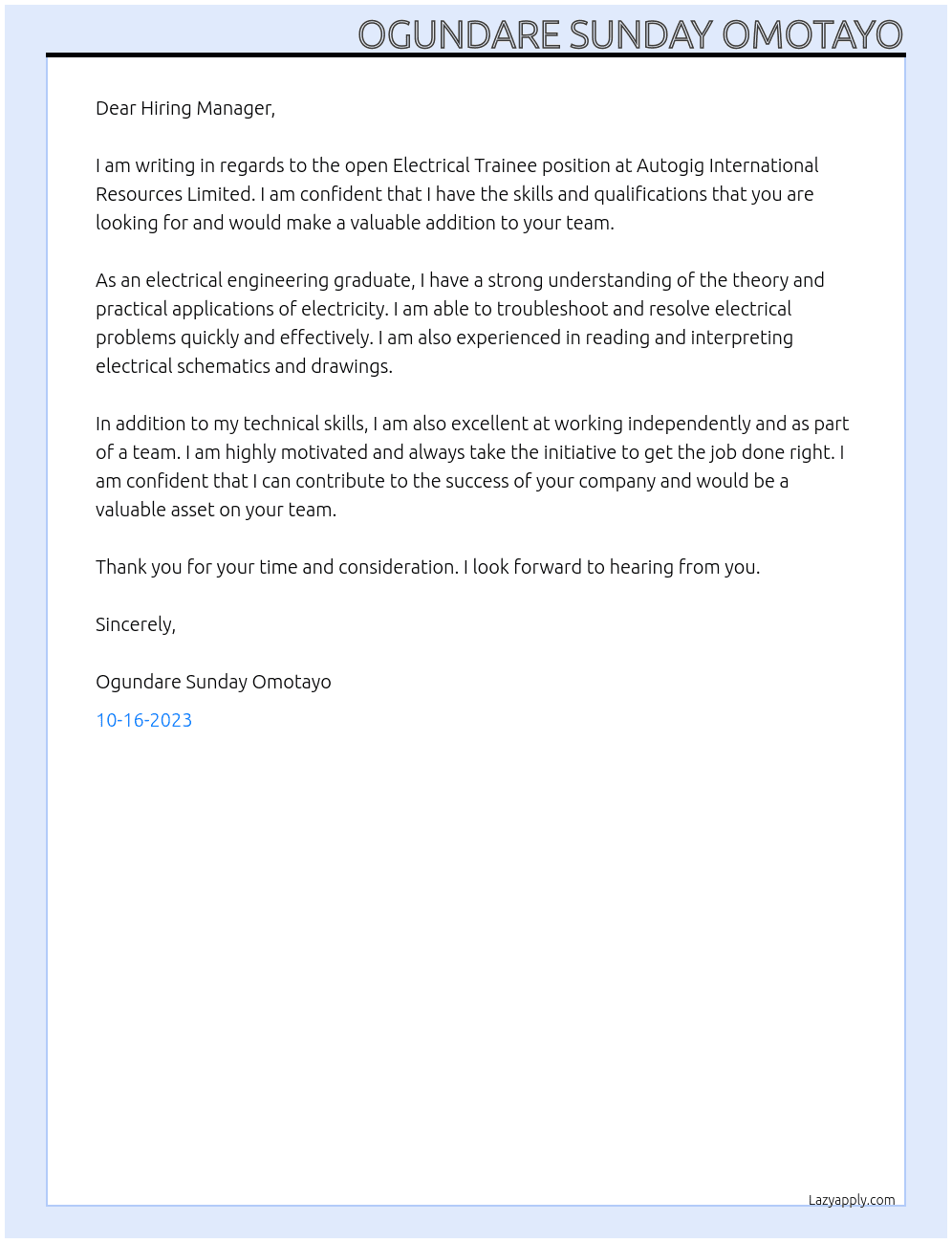 Electrical graduate Trainee  At Autogig International Resources Limited Cover Letter