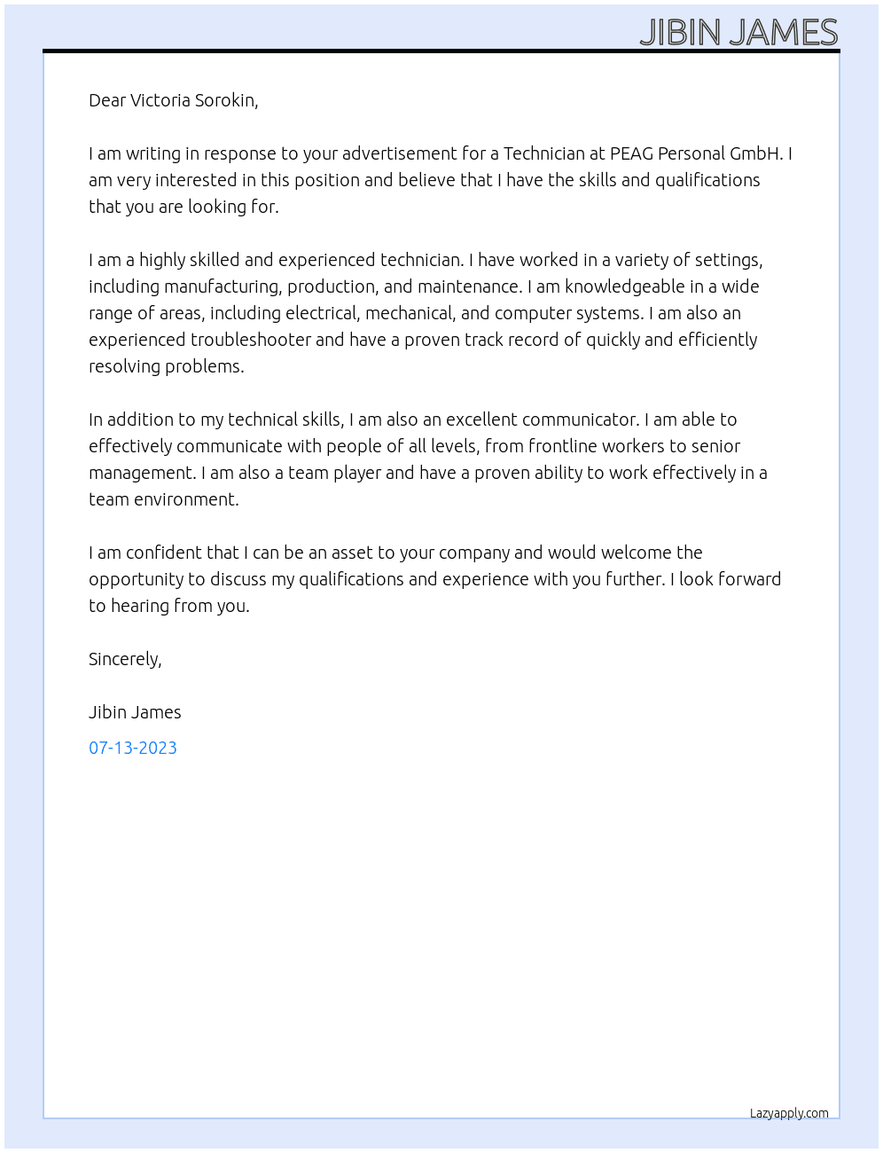 Technician  At PEAG Personal GmbH Cover Letter