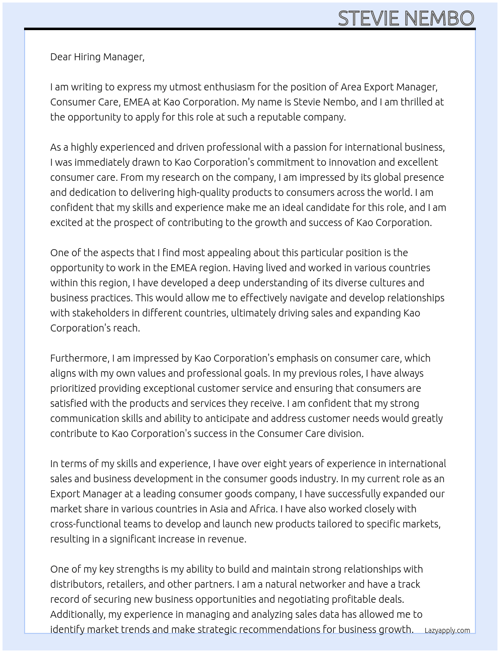 Area Export Manager, Consumer Care, EMEA At  Kao Corporation Cover Letter