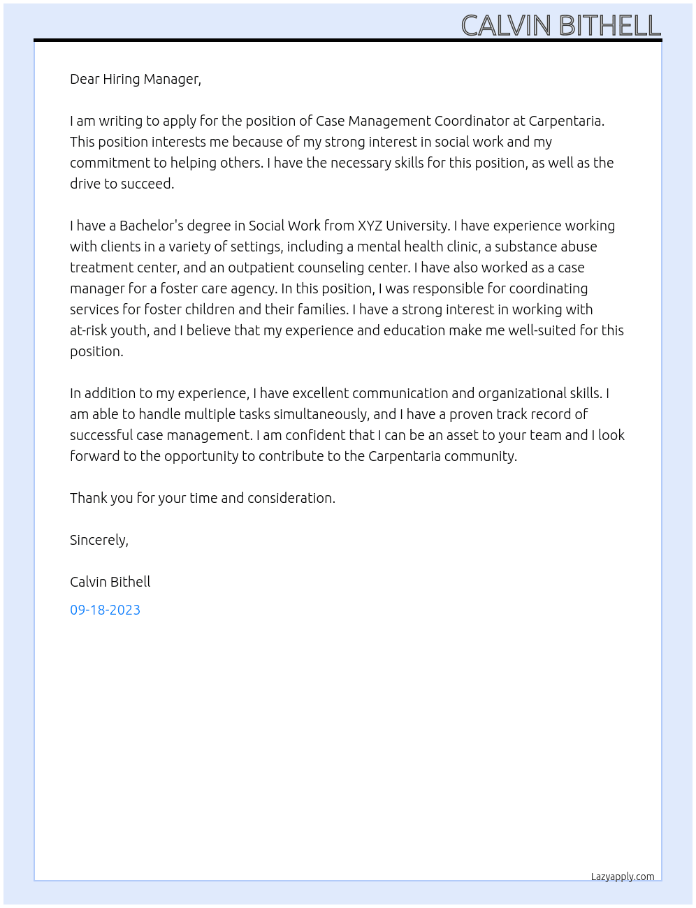 Case Management Coordinator At Carpentaria Cover Letter