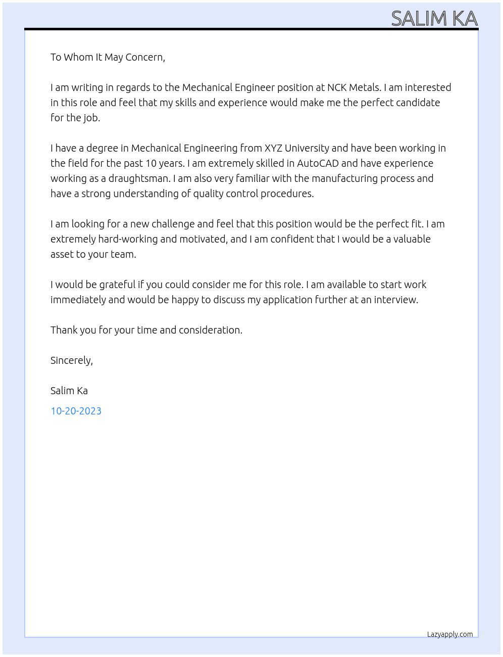 Mechanical engineer At NCK METALS Cover Letter
