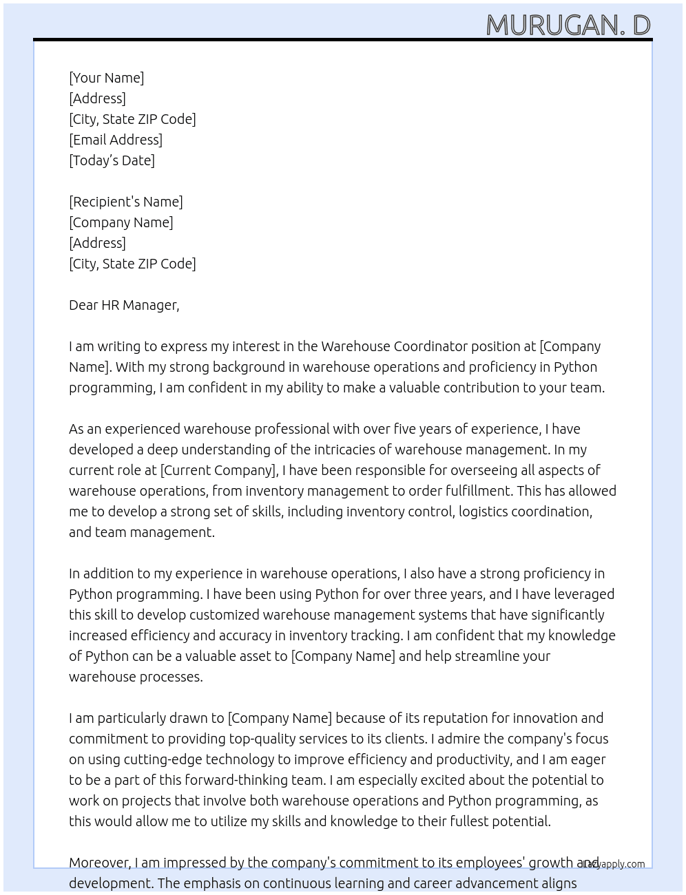Warehouse  At Warehouse coordinator  Cover Letter