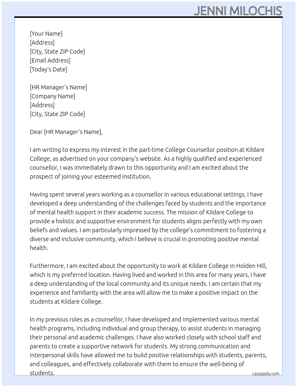 College Counsellor At Kildare College Cover Letter