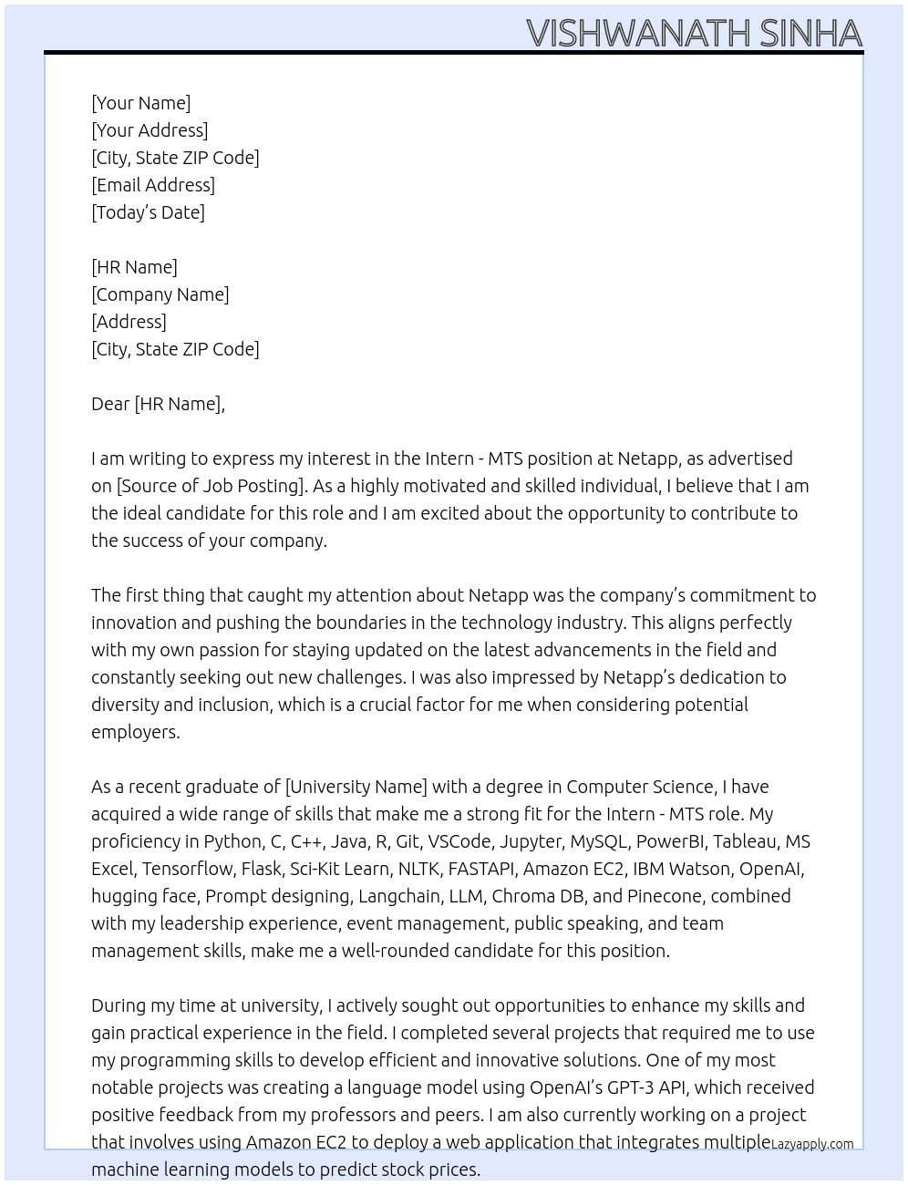 Intern - MTS At Netapp Cover Letter
