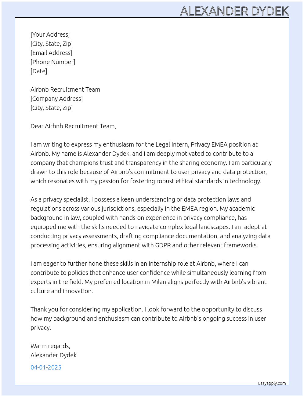 Cover letter for legal intern, privacy emea - LazyApply