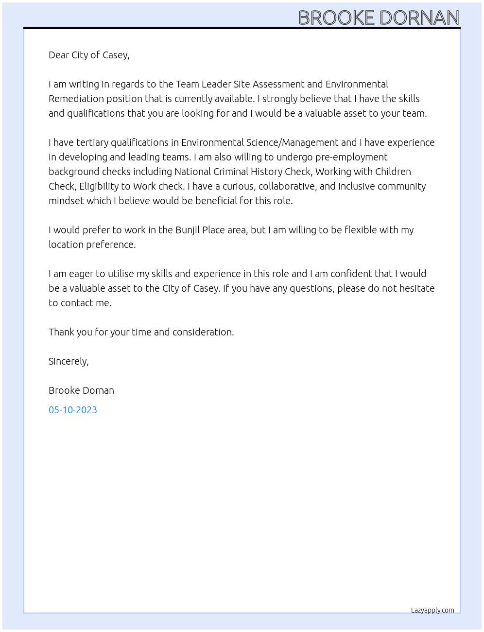 Team Leader Site Assessment and Environmental Remediation At City of Casey Cover Letter