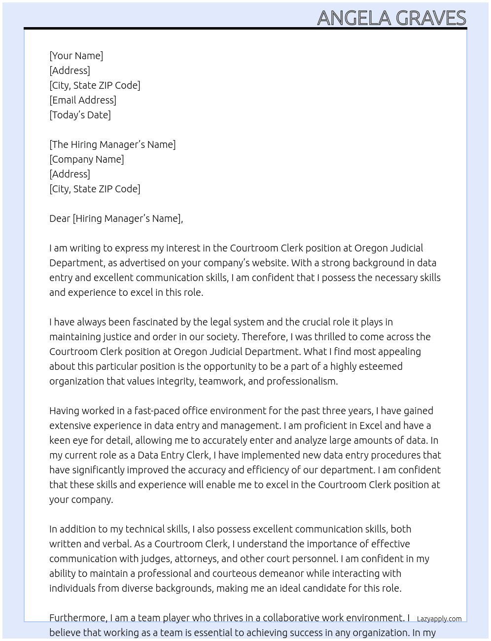 Courtroom Clerk At Oregon Judicial Department Cover Letter
