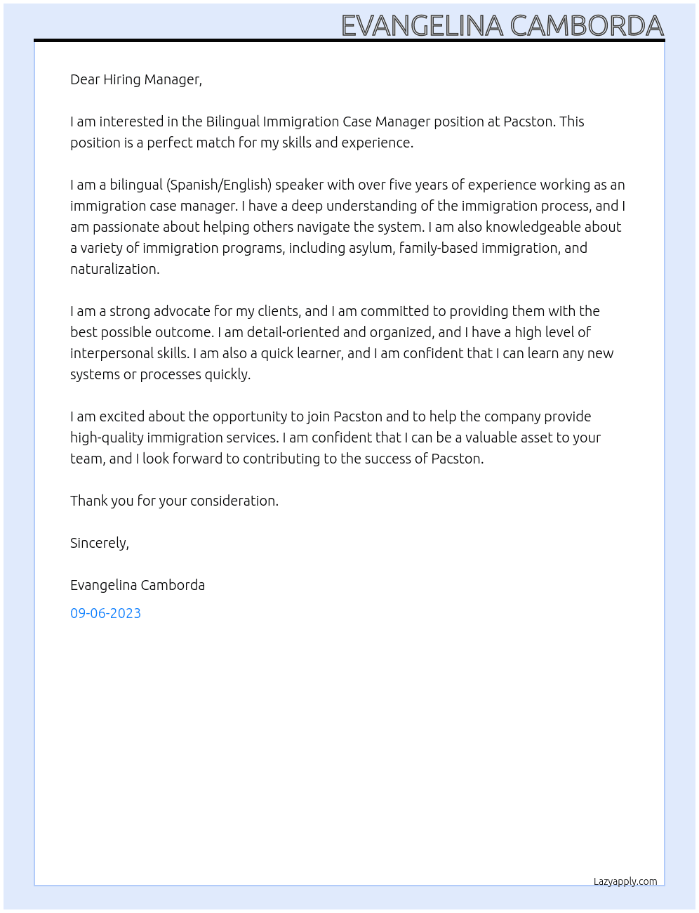 Bilingual Immigration Case Manager At Pacston Cover Letter