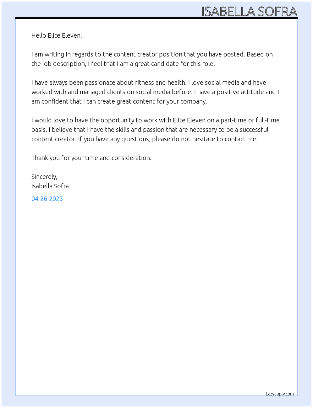 Content Creator At Elite Eleven Cover Letter