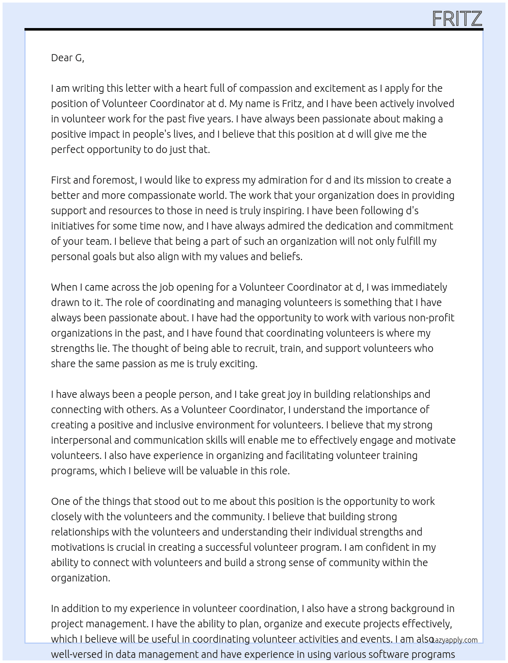 Volunteer Coordinator At d Cover Letter