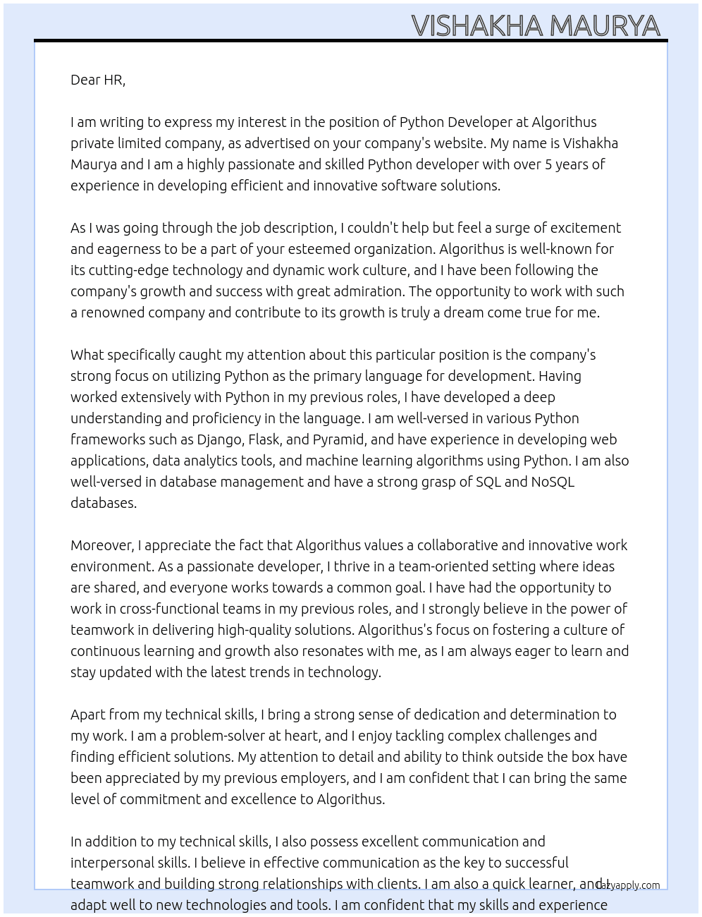 Python developer  At Algorithus private limited company  Cover Letter