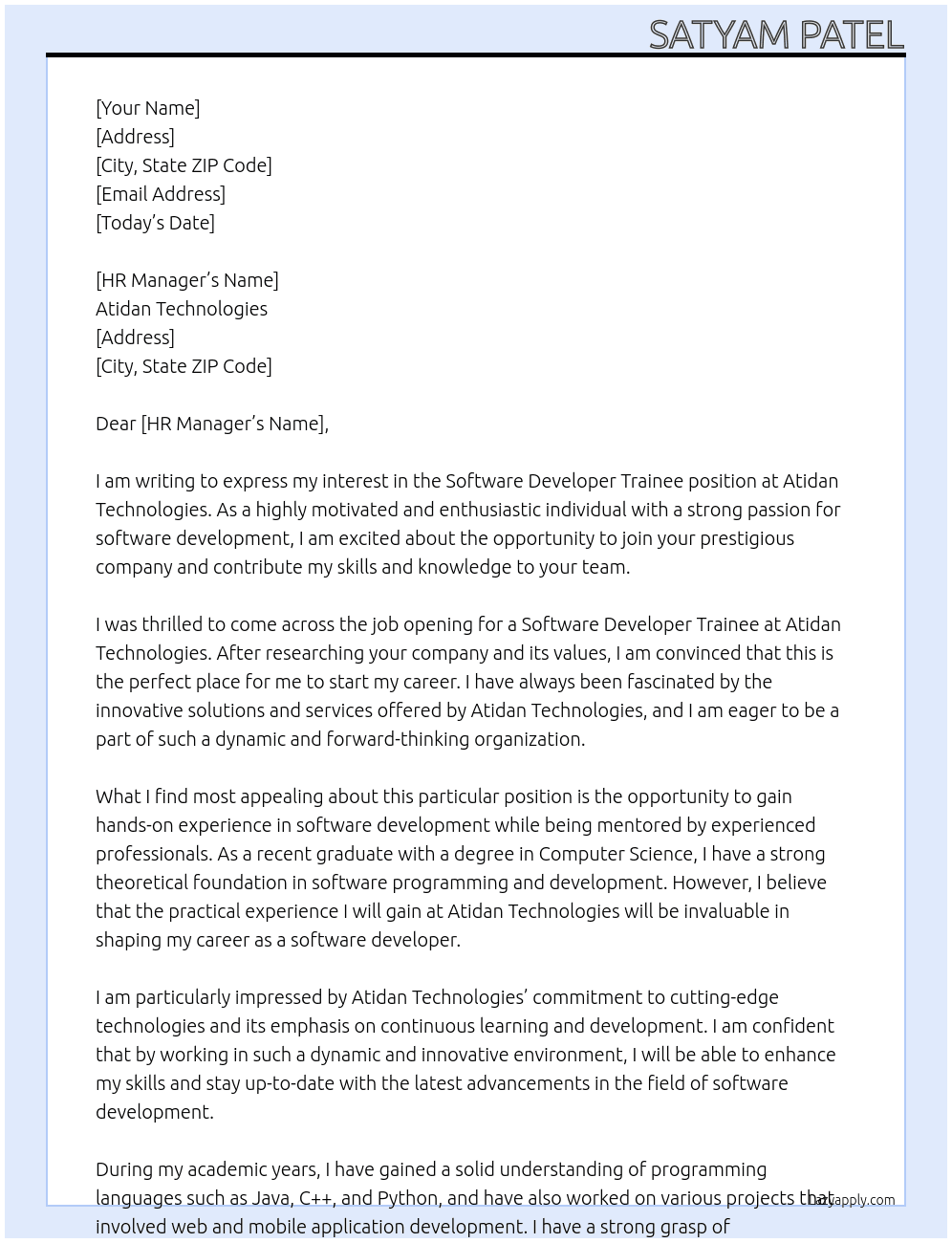 Software Developer Trainee At Atidan Technologies Cover Letter