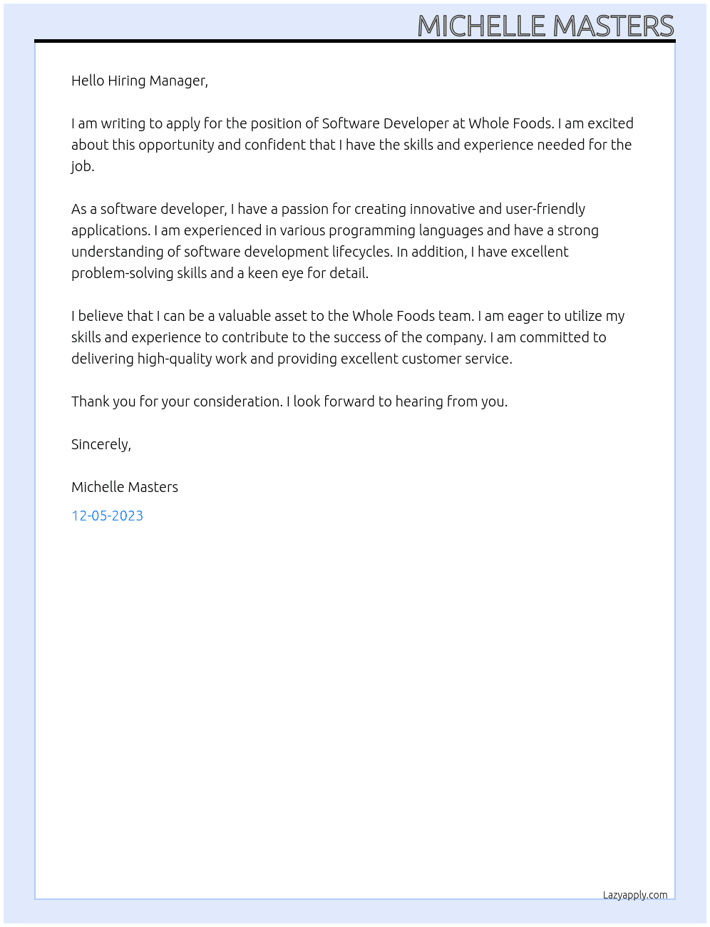 Software Developer At Whole Foods Cover Letter