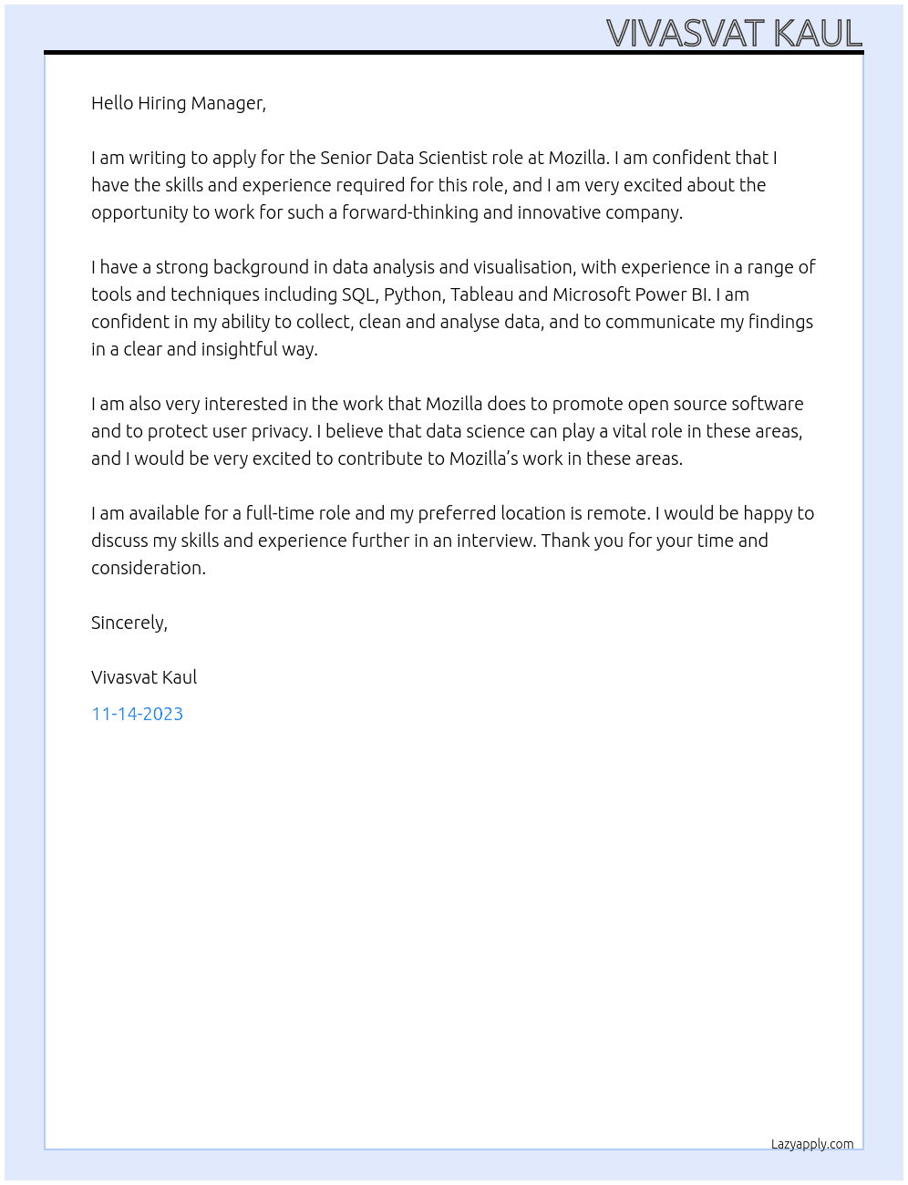 Senior Data Scientist At Mozilla Cover Letter
