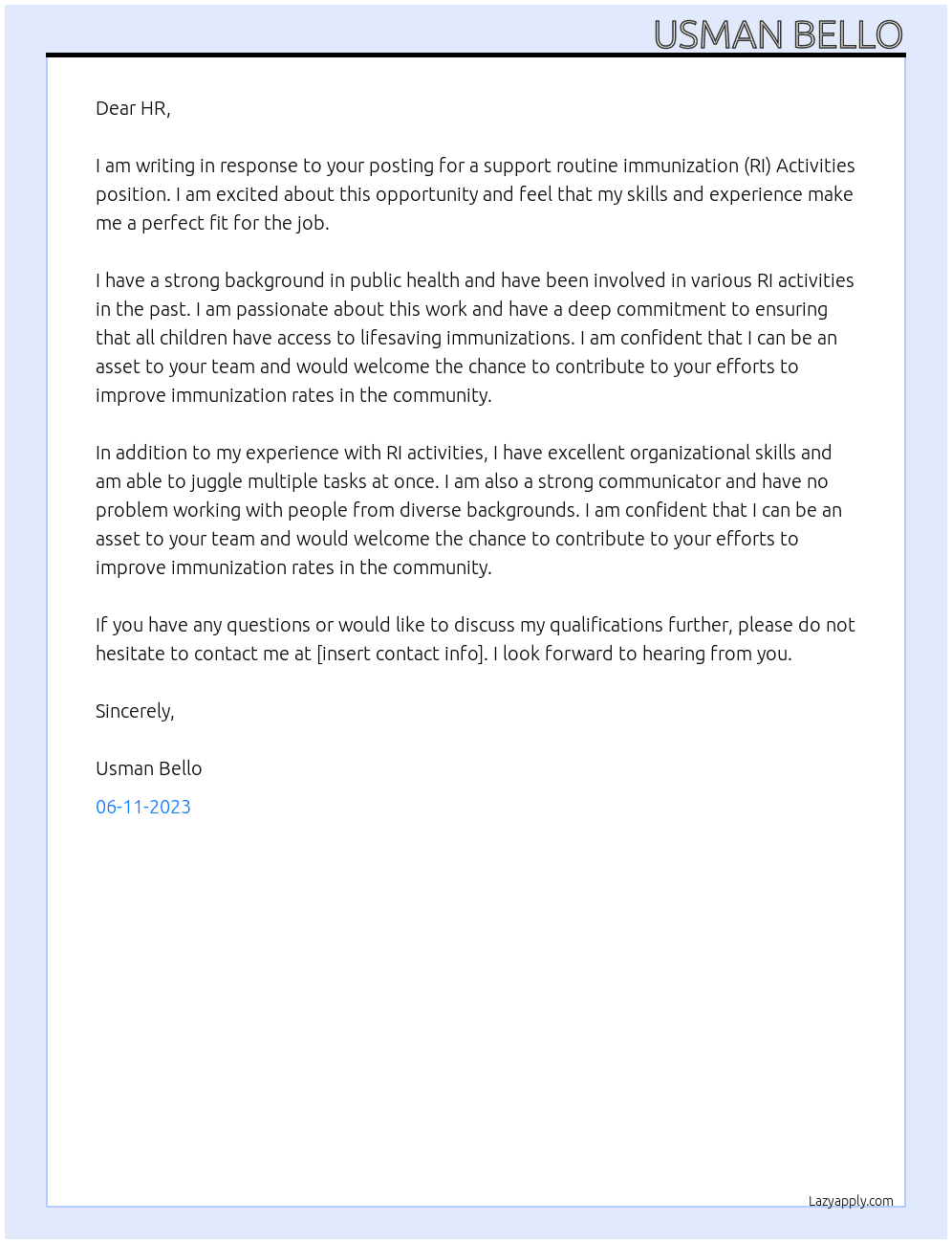 support routine immunization (RI) Activities At AFENET Cover Letter