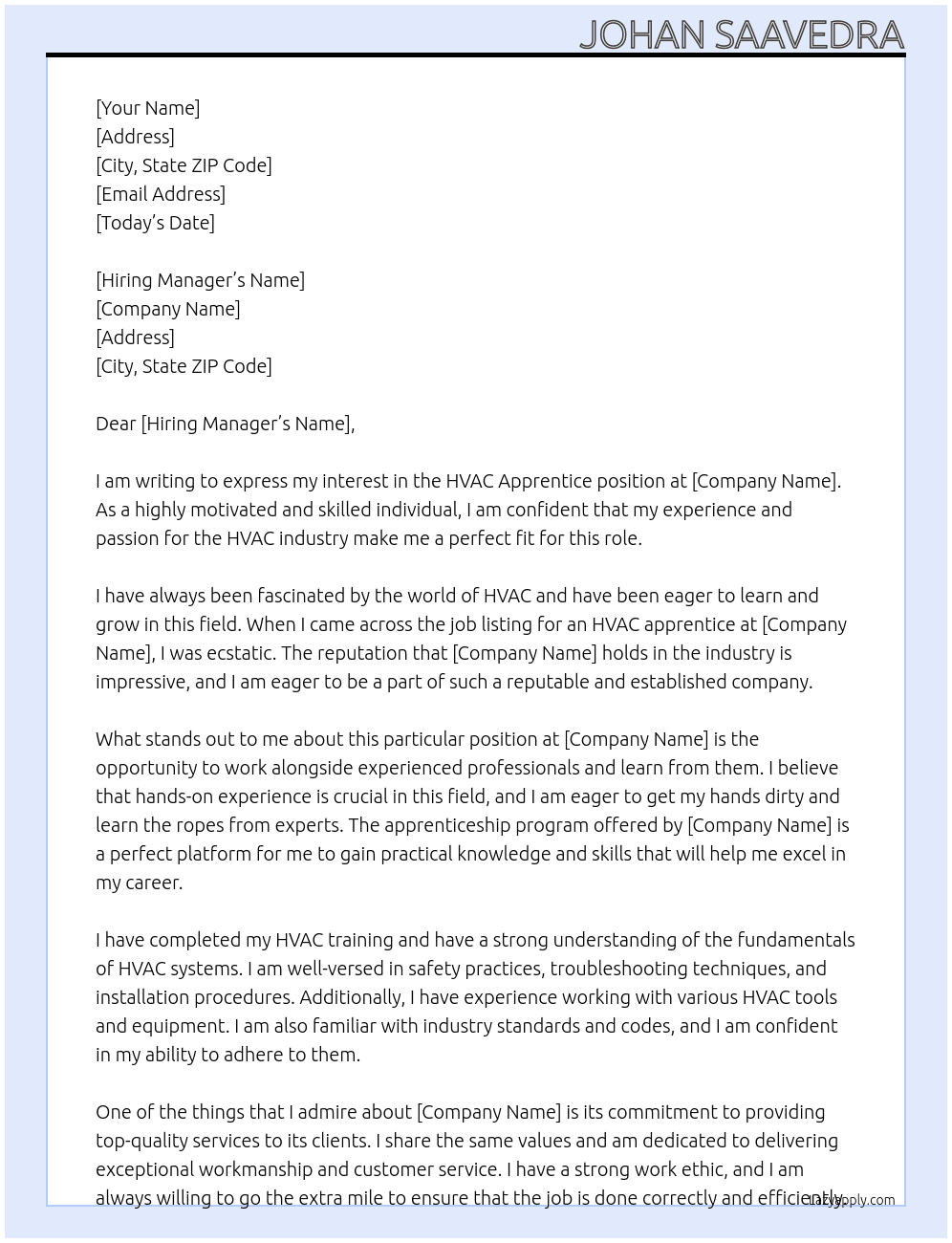 HVAC apprentice At hvac Cover Letter