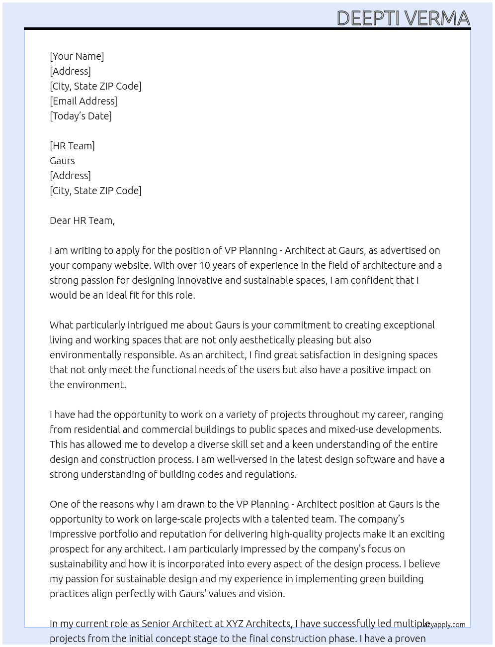 VP planning- architect At Gaurs Cover Letter