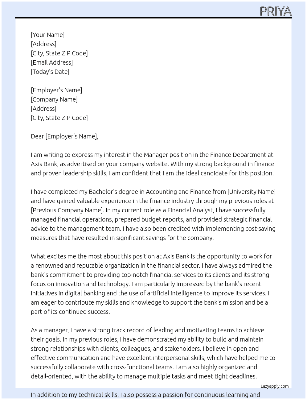 manager in finance department At axix bank Cover Letter