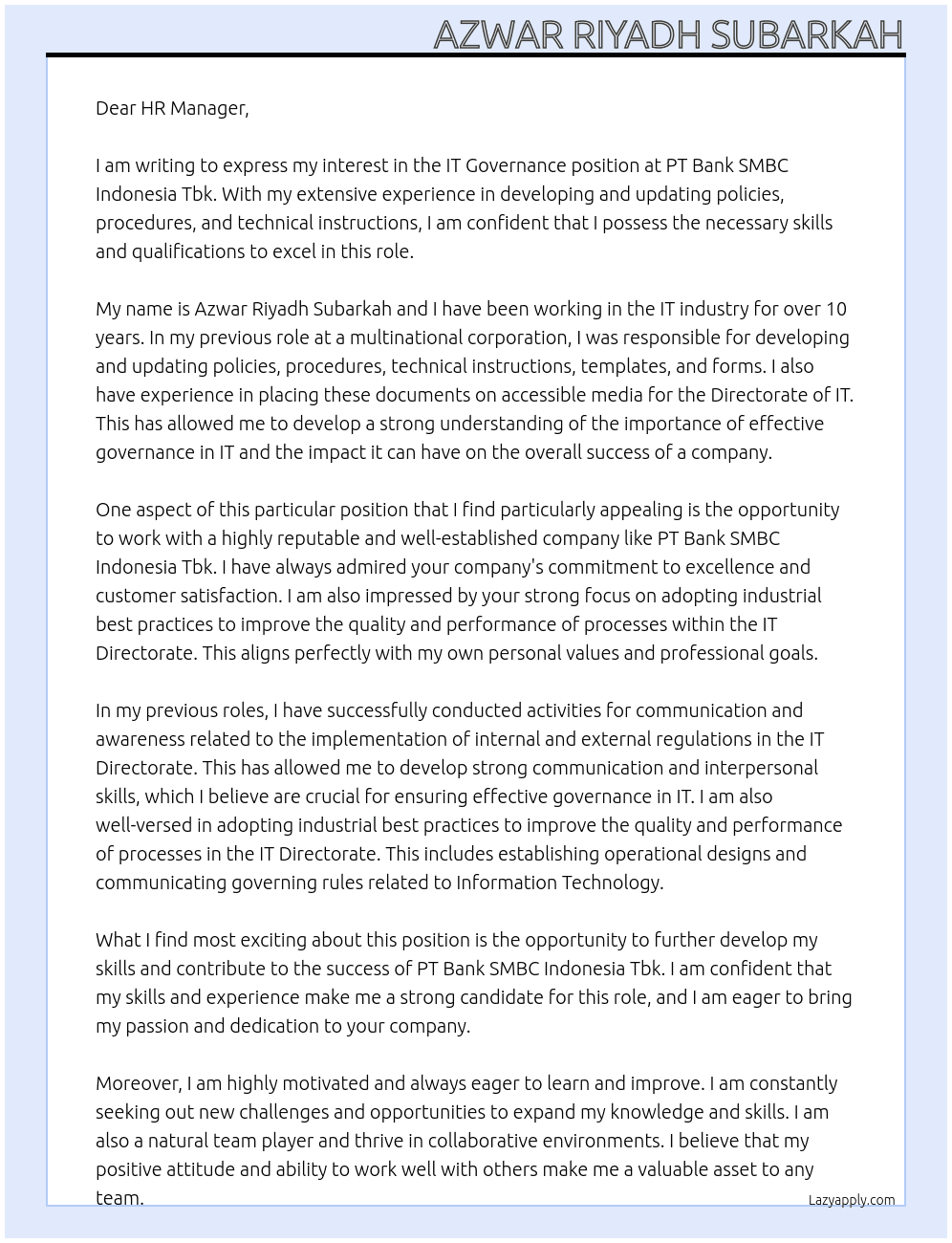 IT Governance At PT Bank SMBC Indonesia Tbk Cover Letter