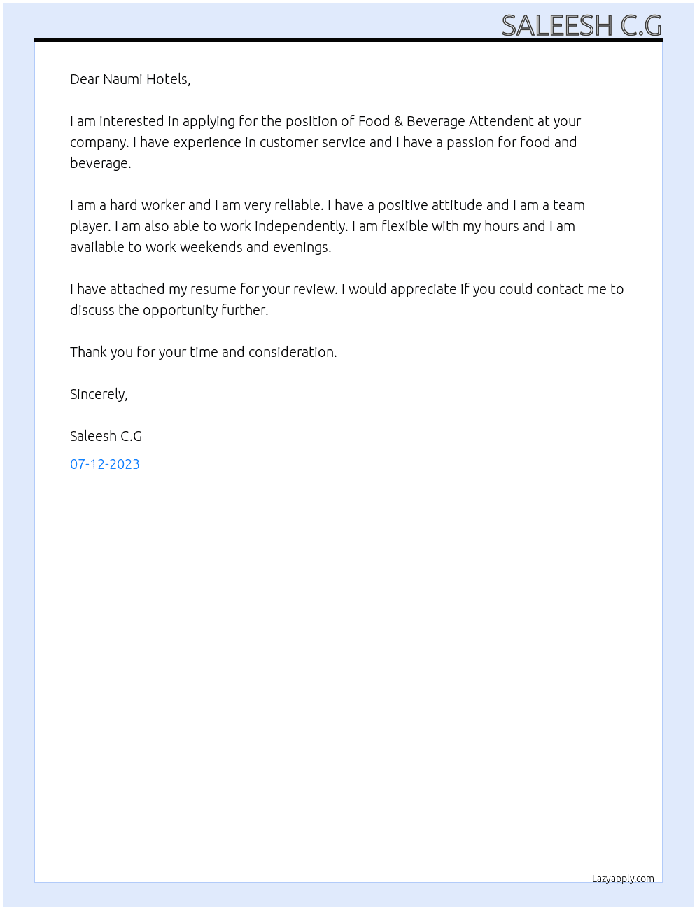 Food & Beverage Attendents At Naumi Hotels Cover Letter