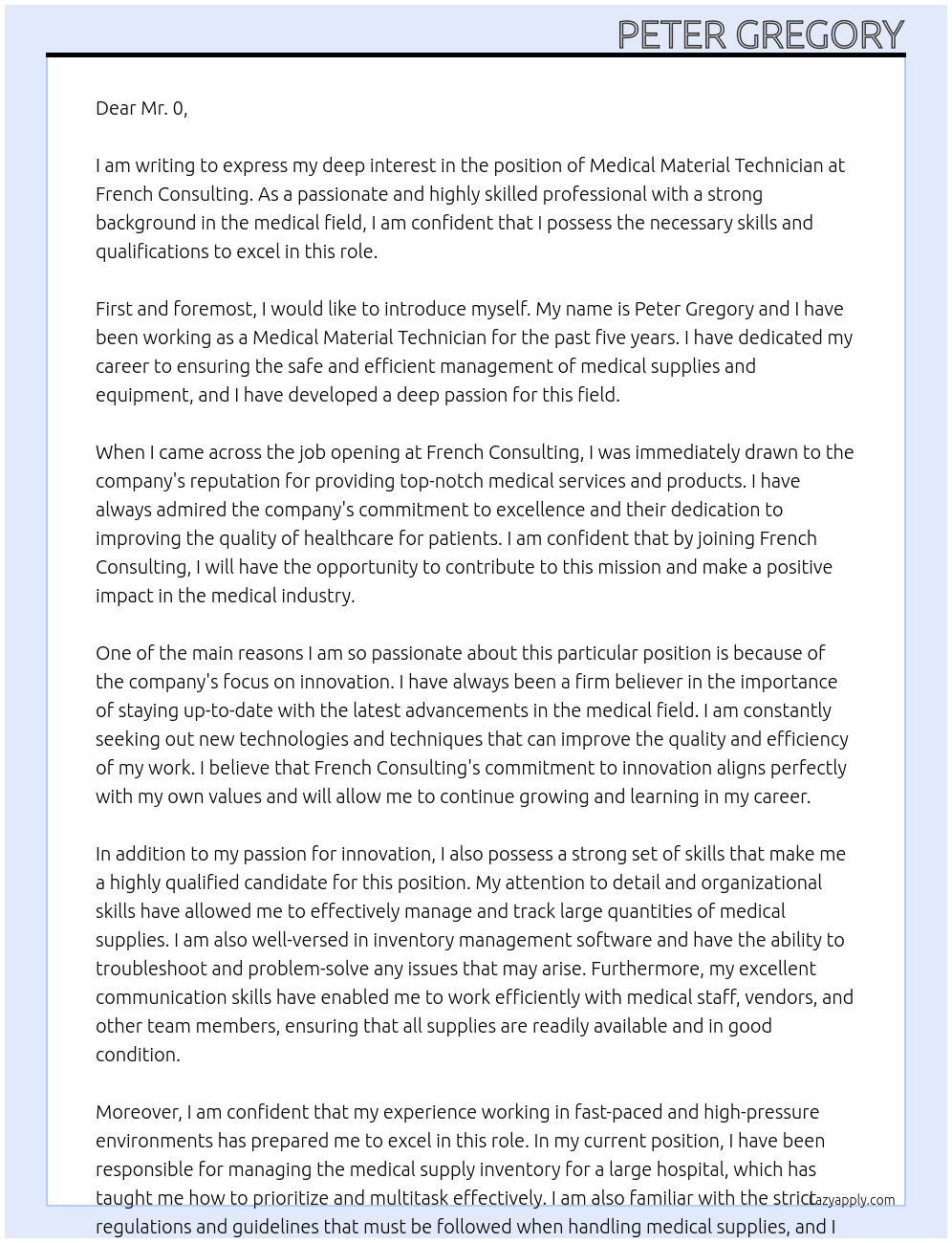 medical material technician At french consulting Cover Letter