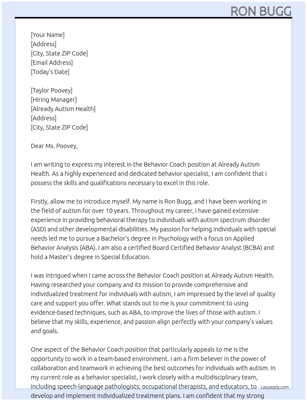 Behavior Coach At Already Autism Health Cover Letter