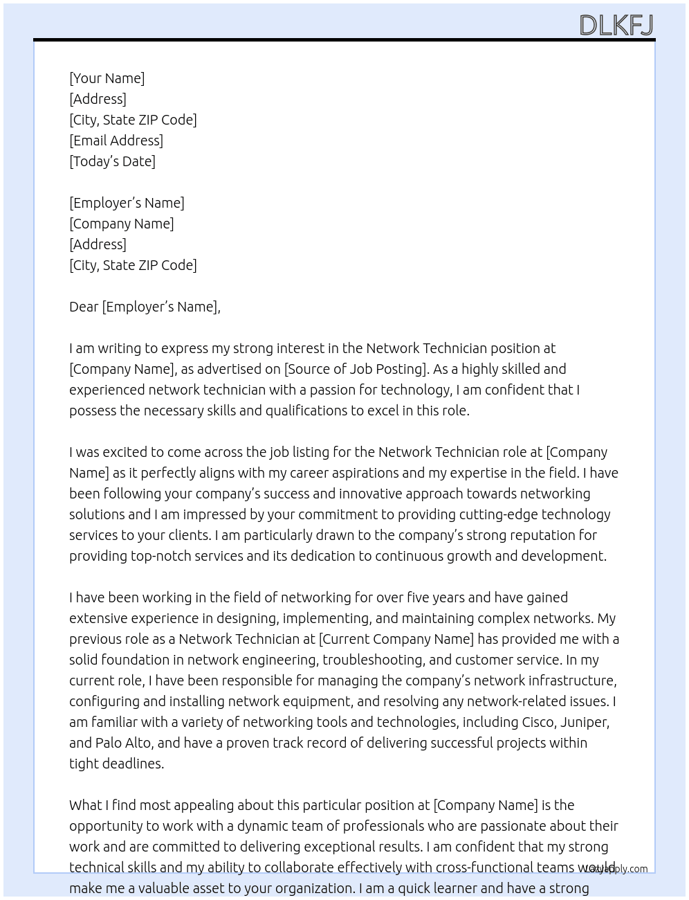 network technician At ldkjfk Cover Letter
