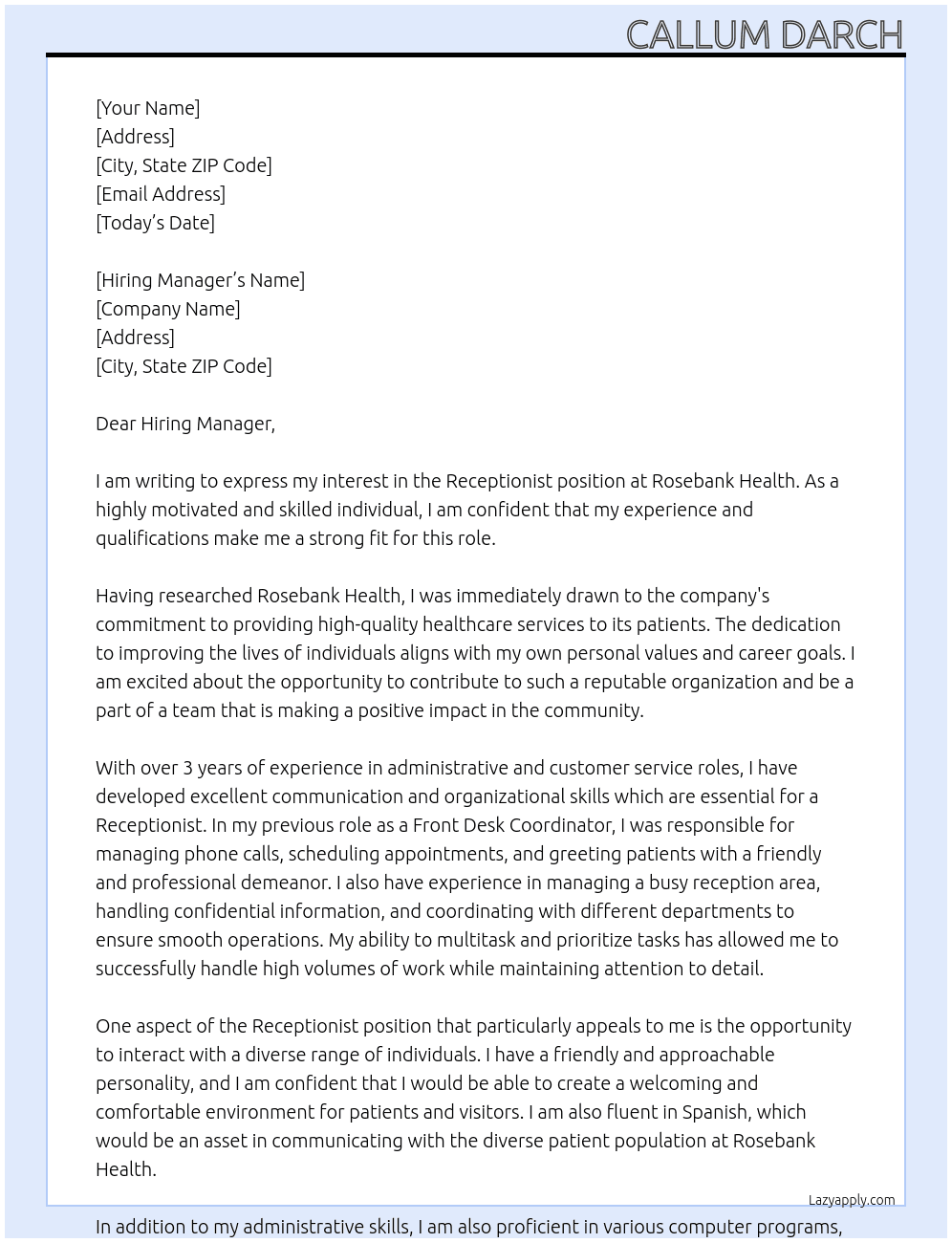 Receptionist At Rosebank Health Cover Letter