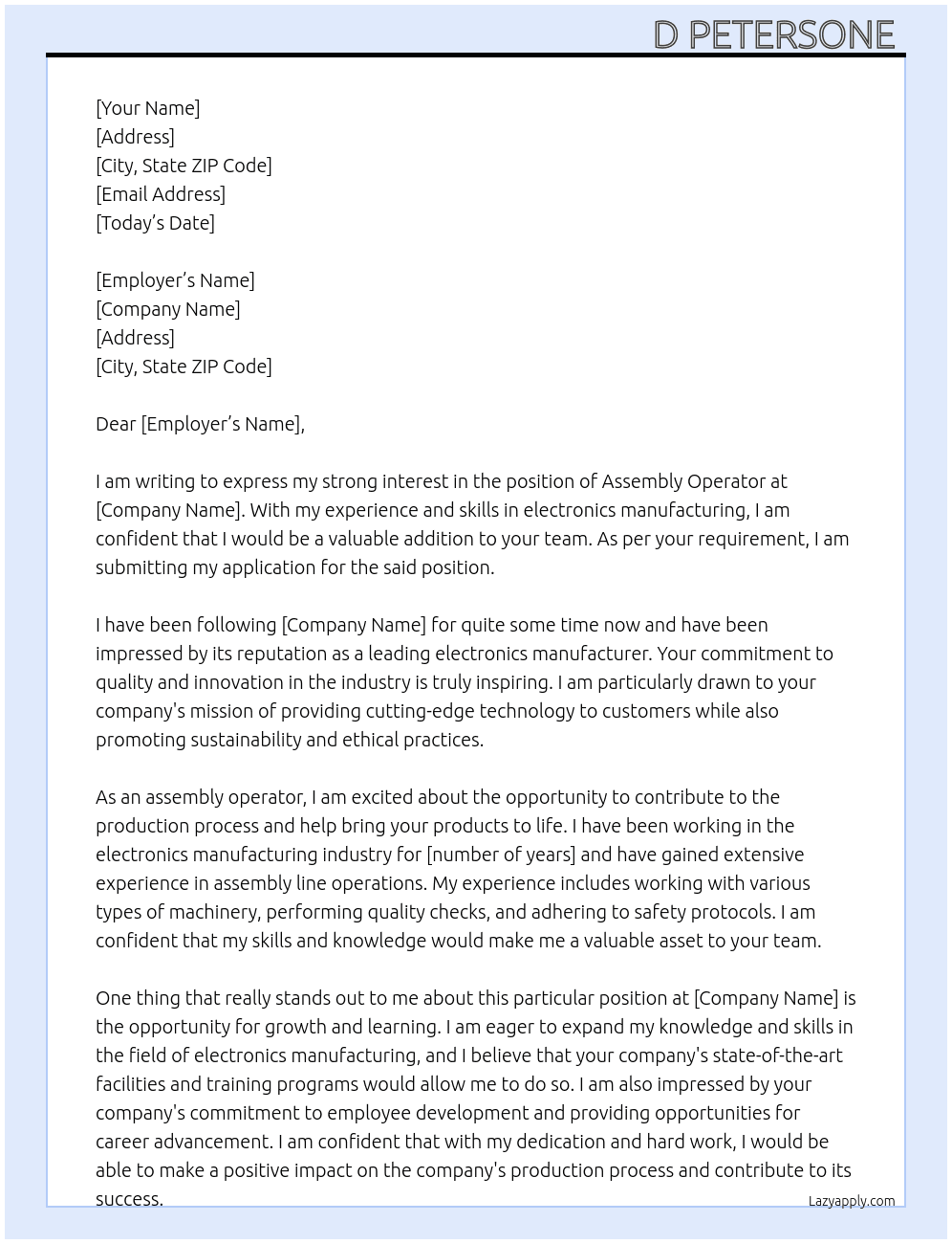 assembly operator At electronics manufacturer Cover Letter