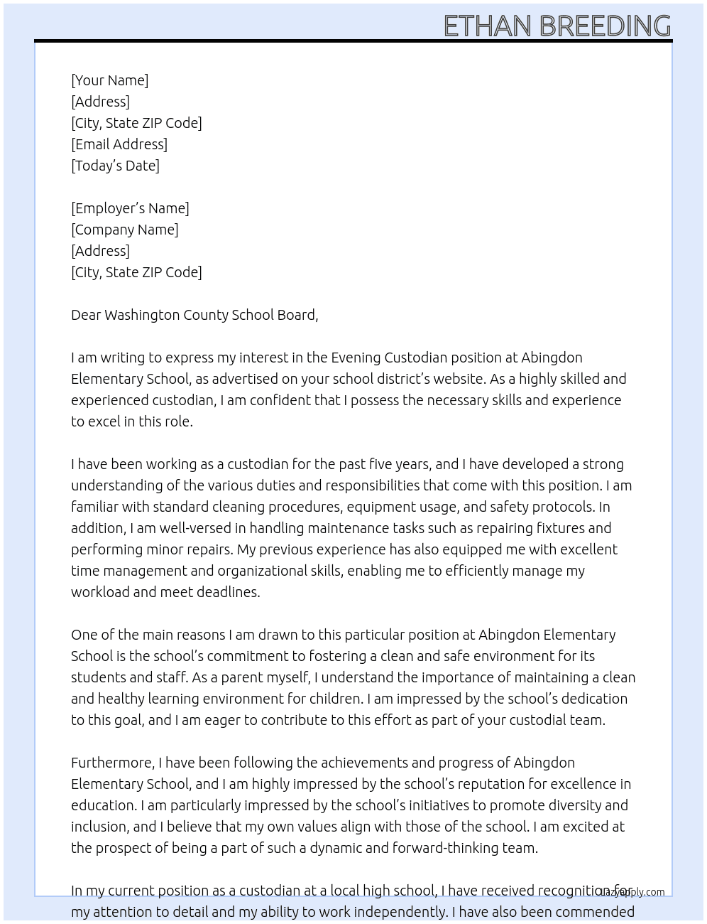 Evening Custodian At Abingdon Elementary School Cover Letter