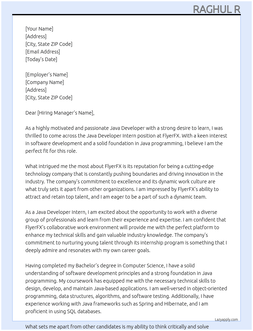 Java Developer Intern At FlyerFX Cover Letter