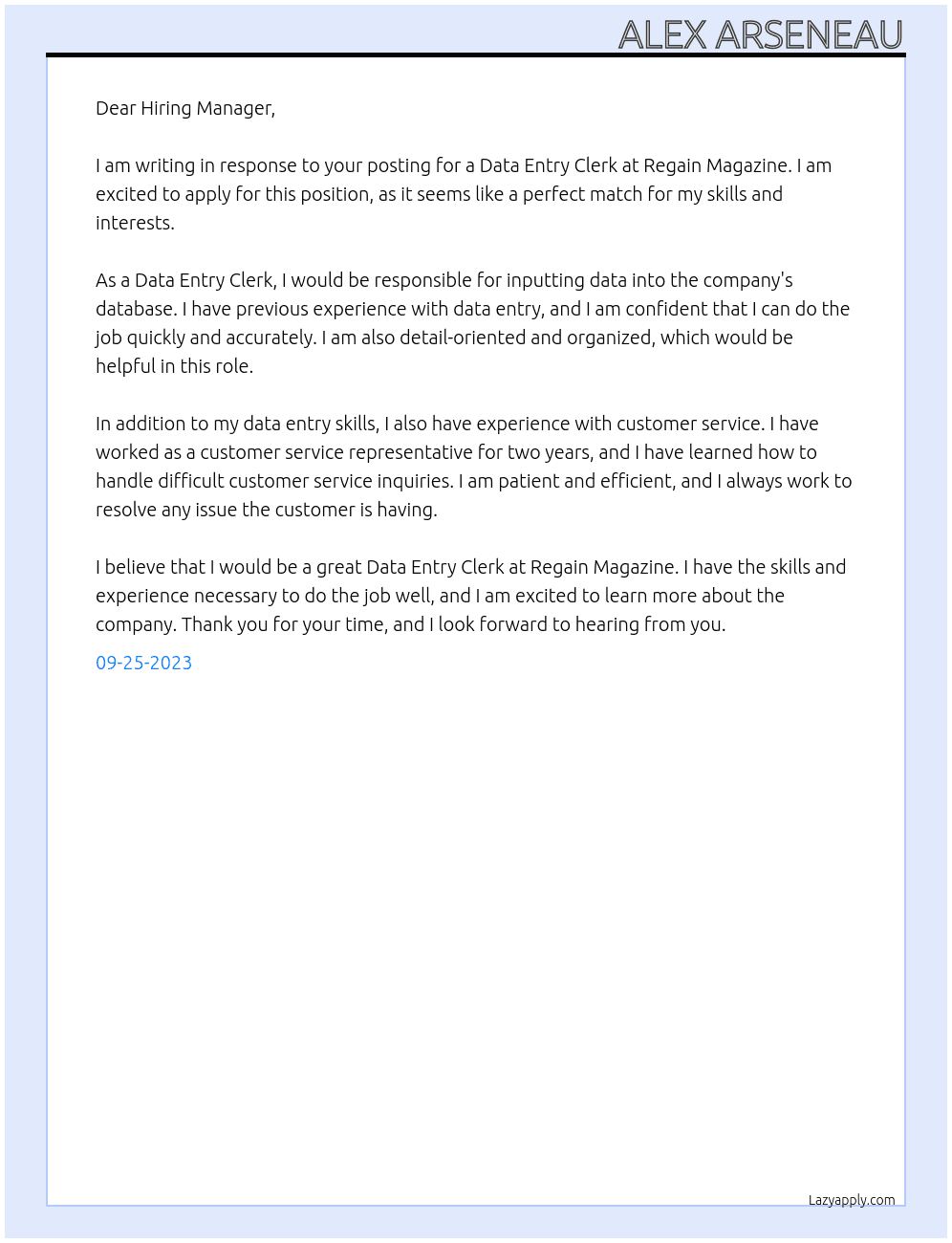 Data Entry Clerk At Regain Magazine Cover Letter