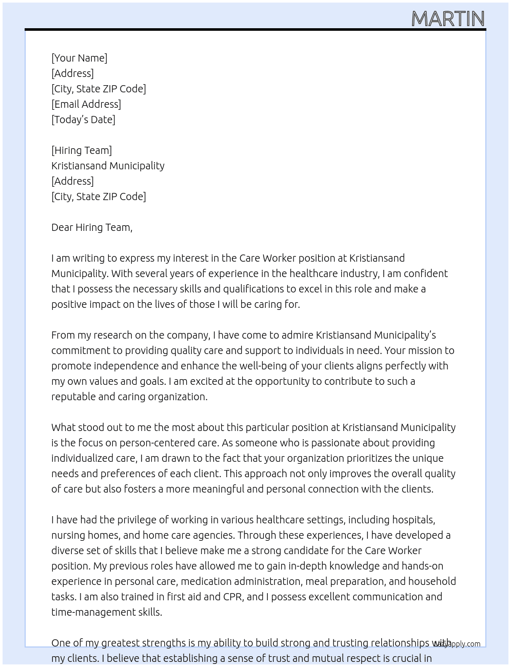 care worker At Kristiansand municipality Cover Letter