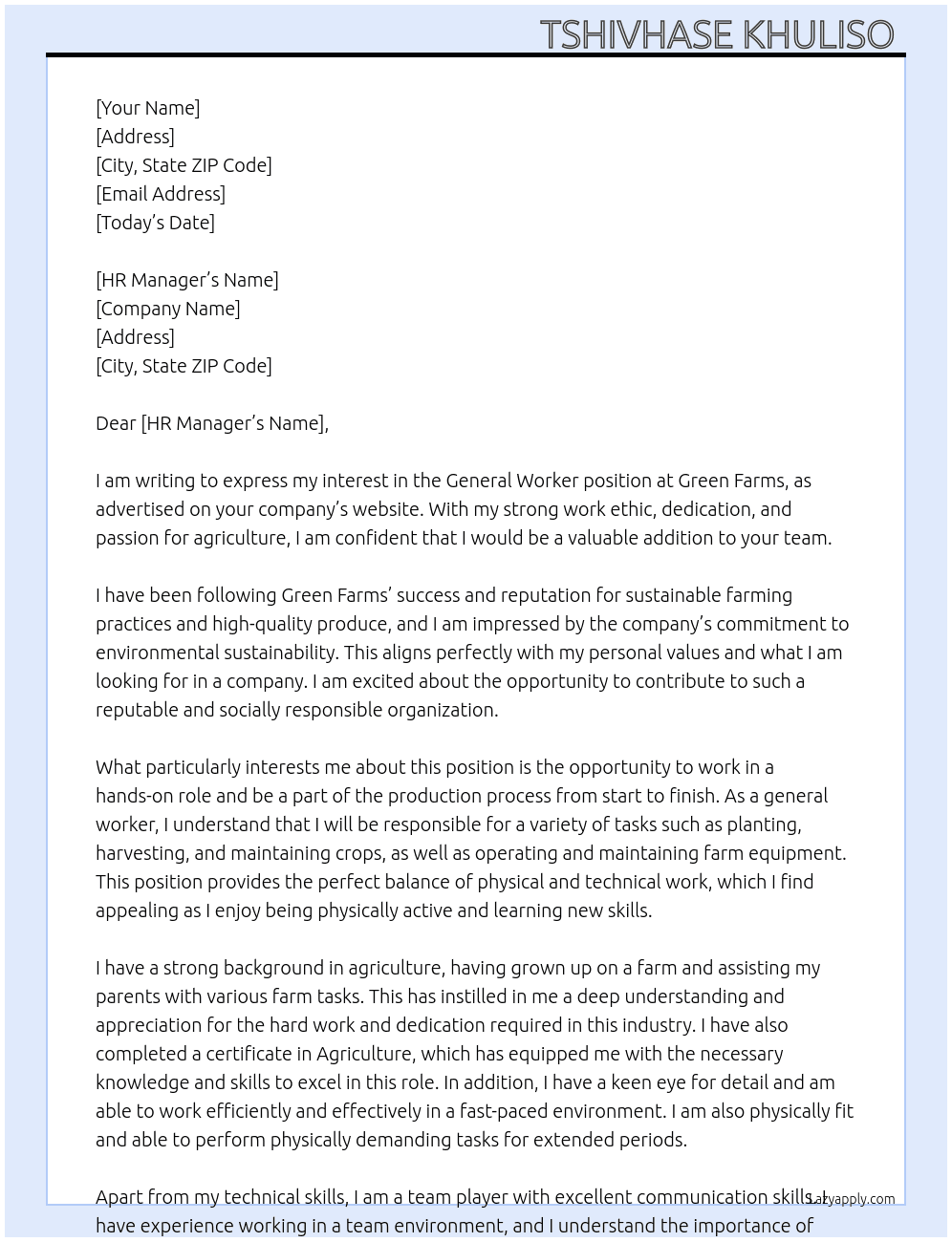 General Worker  At Green Farms  Cover Letter